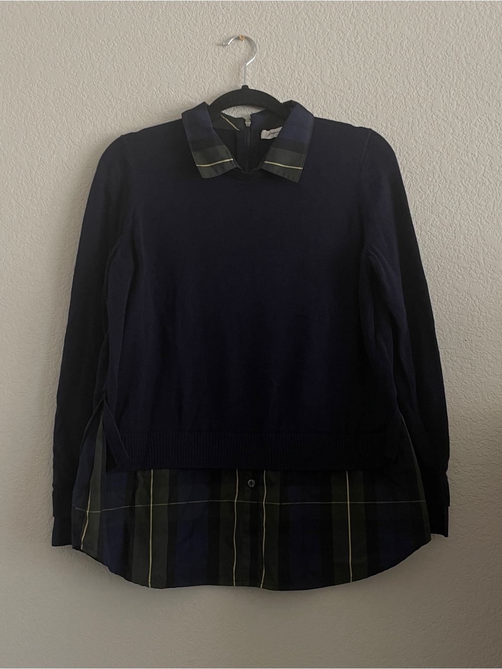 Foxcroft Layered Navy Sweater with Plaid Hem and Collar